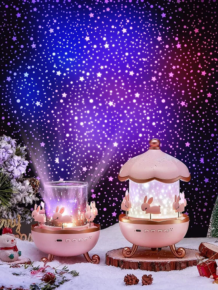 Musical Carousel Night Light, Rotating Bunny Design, LED Star Projector Lamp