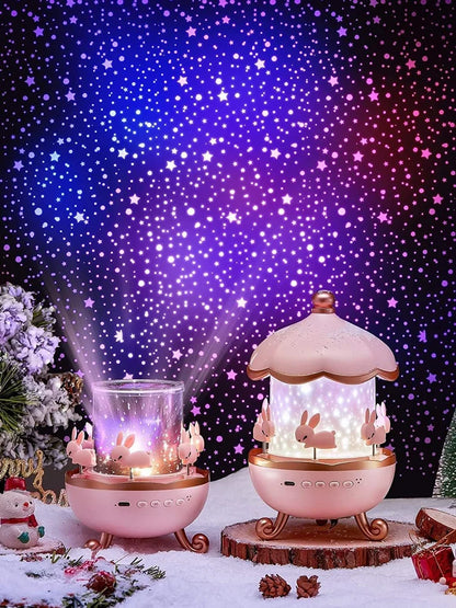 Musical Carousel Night Light, Rotating Bunny Design, LED Star Projector Lamp