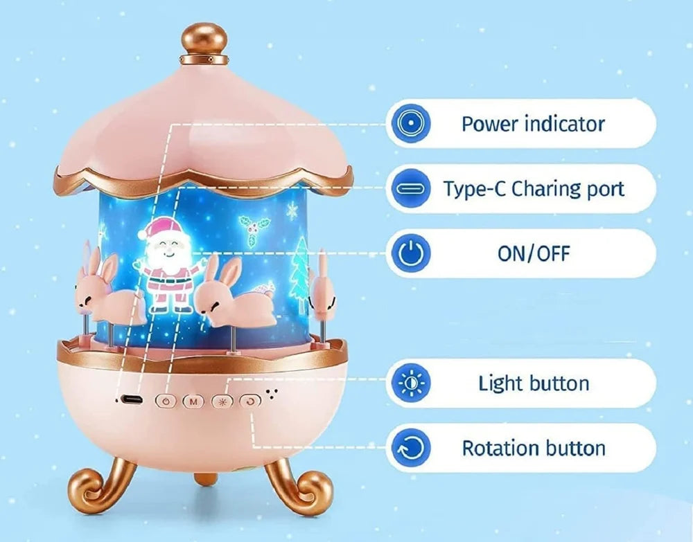Musical Carousel Night Light, Rotating Bunny Design, LED Star Projector Lamp