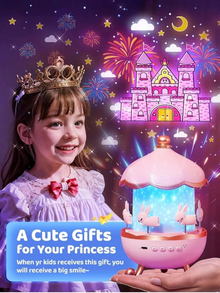 Musical Carousel Night Light, Rotating Bunny Design, LED Star Projector Lamp